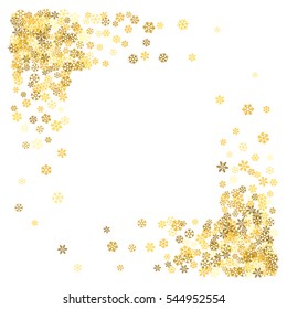 Square corner gold frame or border of scatter golden snowflakes on white background. Design element for festive banner, birthday and greeting card, postcard, wedding invitation. Vector illustration.