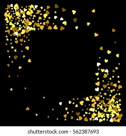 Square corner gold frame or border of random scatter hearts. Design element for festive banner, greeting card, postcard, wedding invitation, Valentines day and save the date card. Vector illustration.