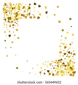 Square corner gold frame or border of random scatter hearts. Design element for festive banner, greeting card, postcard, wedding invitation, Valentines day and save the date card. Vector illustration.