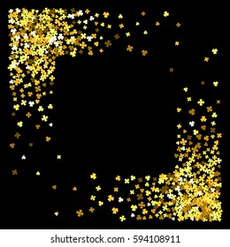 Square corner gold frame or border of random scatter clover leaves. Elegant St. Patricks day design for festive banner, greeting card, postcard, invitation, flyer, poster. Vector illustration.