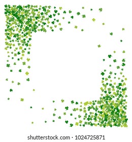 Square corner green frame or border of scatter transparent clover leaves with tail. Elegant St. Patricks day design for festive banner, greeting card, postcard, invitation, flyer. Vector illustration.