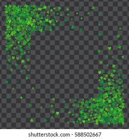 Square corner green frame or border of scatter transparent clover leaves. Elegant St. Patricks day design for festive banner, greeting card, postcard, invitation, flyer, poster. Vector illustration.