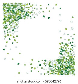 Square corner green frame, border or background of scatter clover leaves. Elegant St. Patricks day design for festive banner, greeting card, postcard, invitation, flyer, poster. Vector illustration.