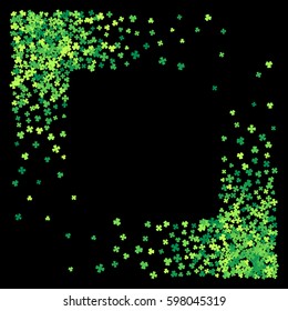 Square corner green frame, border or background of random scatter clover leaves. Elegant St. Patricks day design for festive banner, greeting card, postcard, flyer. Vector illustration.