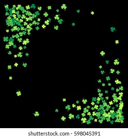 Square corner green frame, border or background of random scatter clover leaves with tails. Elegant St. Patricks day design for festive banner, greeting card, postcard, flyer. Vector illustration.