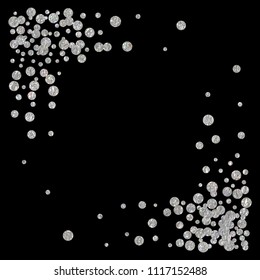 Square corner silver frame or border with glitter particles effect. Argent dust sparkling texture. Use for banner, greeting and Christmas card, postcard, wedding invitation. Vector illustration.