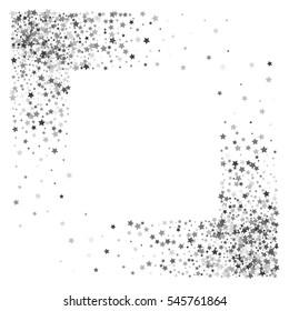Square corner silver frame or border of random scatter stars on white background. Design element for festive banner, birthday and greeting card, postcard, wedding invitation. Vector illustration.