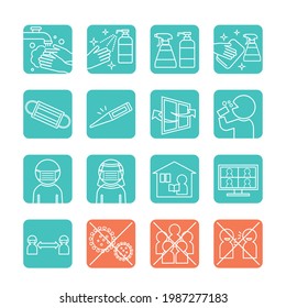 Square coronavirus prevention icon set drawn with white lines