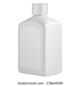 Square Cosmetic Or Hygiene Grayscale White Plastic Bottle With Label Of Gel, Liquid Soap, Lotion, Cream, Shampoo. Ready For Your Design. Illustration Isolated On White Background. Vector EPS10