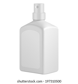 Square Cosmetic Or Hygiene Spray Dispenser Pump Plastic Bottle With Label Of Gel, Liquid Soap, Lotion, Cream, Shampoo. Ready For Your Design. Illustration Isolated On White Background. Vector EPS10