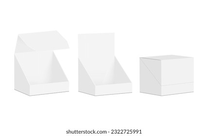 Square Counter Display Box Mockup, Opened and Closed, Isolated on White Background. Vector Illustration