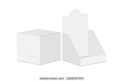 Square Counter Display Box Opened and Closed Mockup, Isolated on White Background. Vector Illustration