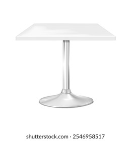 Square countertop table on one metal leg with round base. 3d mockup. White blank rectangular counter single pedestal desk. Realistic vector mock-up