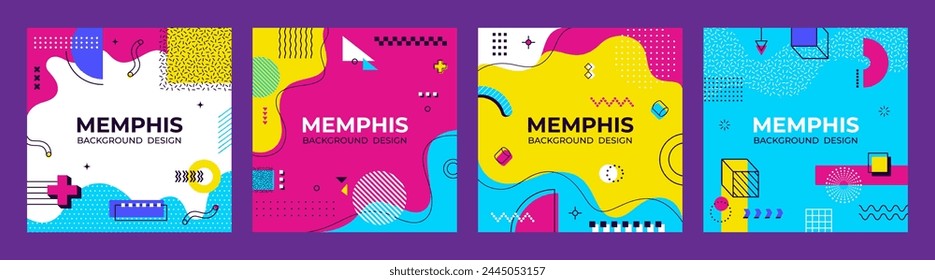Square cover background, Memphis abstract geometric design. Vector playful cards or story posts modern templates, feature vibrant colors, simple shapes and patterns in retro-modern style of the 1980s