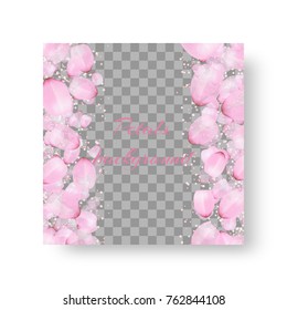 A square cover with delicate petals of a blooming peach for a romantic design on a transparent backdrop