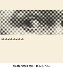 Square cover design with halftone male eye and place for your text. Vector Illustration.
