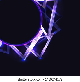 Square cover with round frame with abstract neon triangles and glister on dark background and place for text. Vector template for cards, posters, banners and your design.