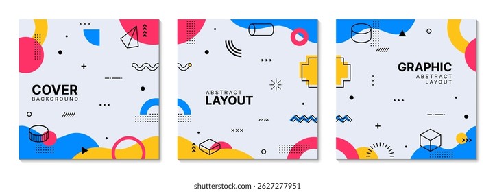 Tampas quadradas com padrão geométrico de Memphis de formas abstratas, fundos vetoriais. Padrão moderno de Memphis para banner ou cartaz e layout de capa de livro com figuras geométricas e elementos mínimos de cor
