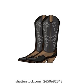 caricatura de botas de vaqueira quadrada. salto pontiagudo, joelho de tornozelo, camurça angustiado quadrado botas de vaqueira sinal.