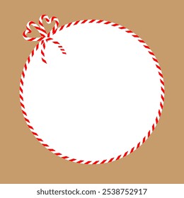 Square craft brown background with candy cane ribbon. Christmas packing string for decoration and present. Vector  illustration 