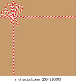 Square craft brown background with candy cane ribbon. Christmas packing string for decoration and present. Vector  illustration 