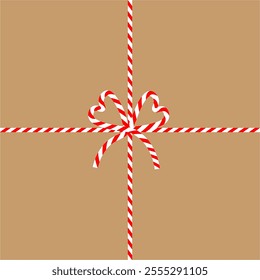 Square craft brown background with candy cane ribbon. Christmas packing string for decoration and present. Vector  illustration 