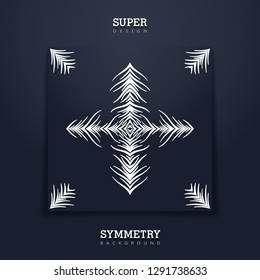 Square creative card with tribal stylized print. Abstract symmetry composition from different wavy lines.
 Black paper sheet. Vector template