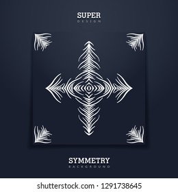 Square creative card with tribal stylized print. Abstract symmetry composition from different wavy lines.
 Black paper sheet. Vector template