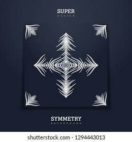 Square creative card with tribal stylized print. Abstract symmetry composition from different wavy lines.
 Black paper sheet. Vector template