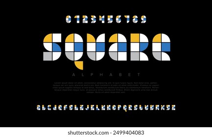 Square creative modern geometric urban alphabet font. Digital abstract futuristic, game, techno, robot, music, logo, sport, minimal technology typography. Simple numeric vector illustration