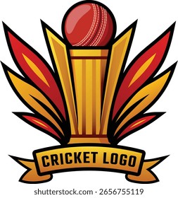 Trofeo cuadrado de cricket con diseño de hoja ascendente, silueta alada y bola en el emblema deportivo dinámico superior para logotipos de juegos de marca de temática fantástica y Mercancía motivacional