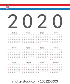 Square Croatian 2020 year vector calendar. Week starts from Sunday.