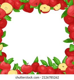 Viereckiger Rahmen mit roten Äpfeln und Blättern. Dekorativer heller Rahmen mit Leerzeichen für Text. Vektorgrafik-Element für Festivaldekorationen, saisonaler Verkaufsbanner, Verpackungsdesign.