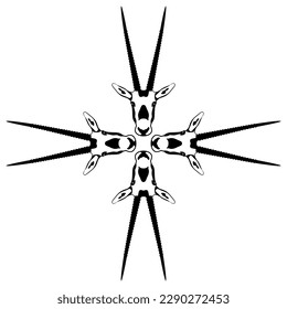 Square cross animal design with four horned heads of Oryx antelope. Scimitar oryx. Oryx dammah. Black and white silhouette.