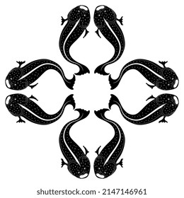 Square cross design or animal frame with stylized fish. Ancient Greek ethnic motif. Black and white silhouette.