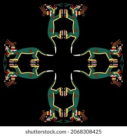 Square cross design with fantastic monsters. Native American animal motif of Aztec Indians from Mexican codex.