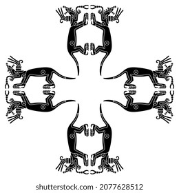 Square cross design with fantastic monsters. Native American animal motif of Aztec Indians from Mexican codex. Black and white silhouette.