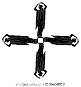 Square cross design with four ancient Greek women with raised up hands. Vase painting style. Black and white negative silhouette.