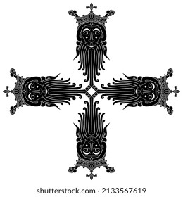 Quadratisches Kreuzdesign mit vier bärtigen männlichen Köpfen in königlichen Kronen. Norse god Woden oder Odin. Schwarz-Weiß-Silhouette. Einzige Vektorgrafik.