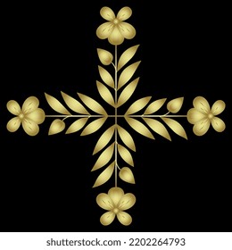 Square cross design with four blooming branches. Folk style. Golden silhouette on white background.