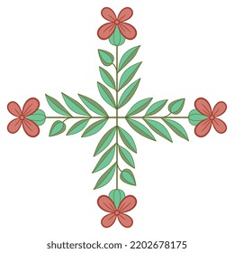 Square cross design with four blooming branches with green leaves and red flowers. Folk style. Isolated vector illustration. On white background.