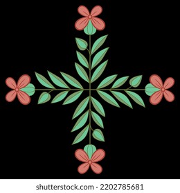 Square cross design with four blooming branches with green leaves and red flowers. Folk style. Isolated vector illustration. On black background.