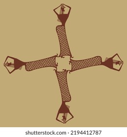 Square cross design with four dancing ancient Greek women. Creative feminist concept. Monochrome red and yellow silhouettes.