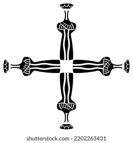Square cross design with four ethnic ancient Greek female figurines. Mycenaean woman or goddess. Black and white silhouette.