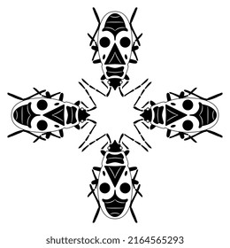 Quadratisches Kreuzdesign mit vier Feuerwaffen. Pyrrhocoris apterus. Insektenschmuck. Schwarz-Weiß-Silhouette.