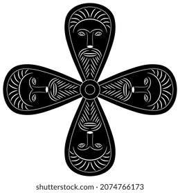 Quadratisches Kreuzdesign mit vier Köpfen des heidnischen keltischen Gottes. Angesicht des bärtigen Mannes. Schwarz-Weiß-Silhouette.