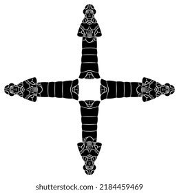 Square cross design with four Mesopotamian goddesses. Ancient Iranian sculpture of a woman holding water jar. Inanna or Ishtar. Black and white silhouette. Creative feminist concept.
