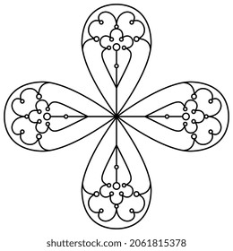 Square cross design with four pear shaped elements. Medieval gothic style. Black and white linear silhouette.