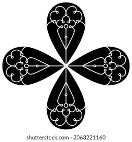 Square cross design with four pear shaped elements. medieval gothic style. Black and white negative silhouette.