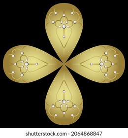 Square cross design with four pear shaped elements. Medieval gothic style. Golden glossy shape adorned with white pearl beads on black background. Jewelry design.